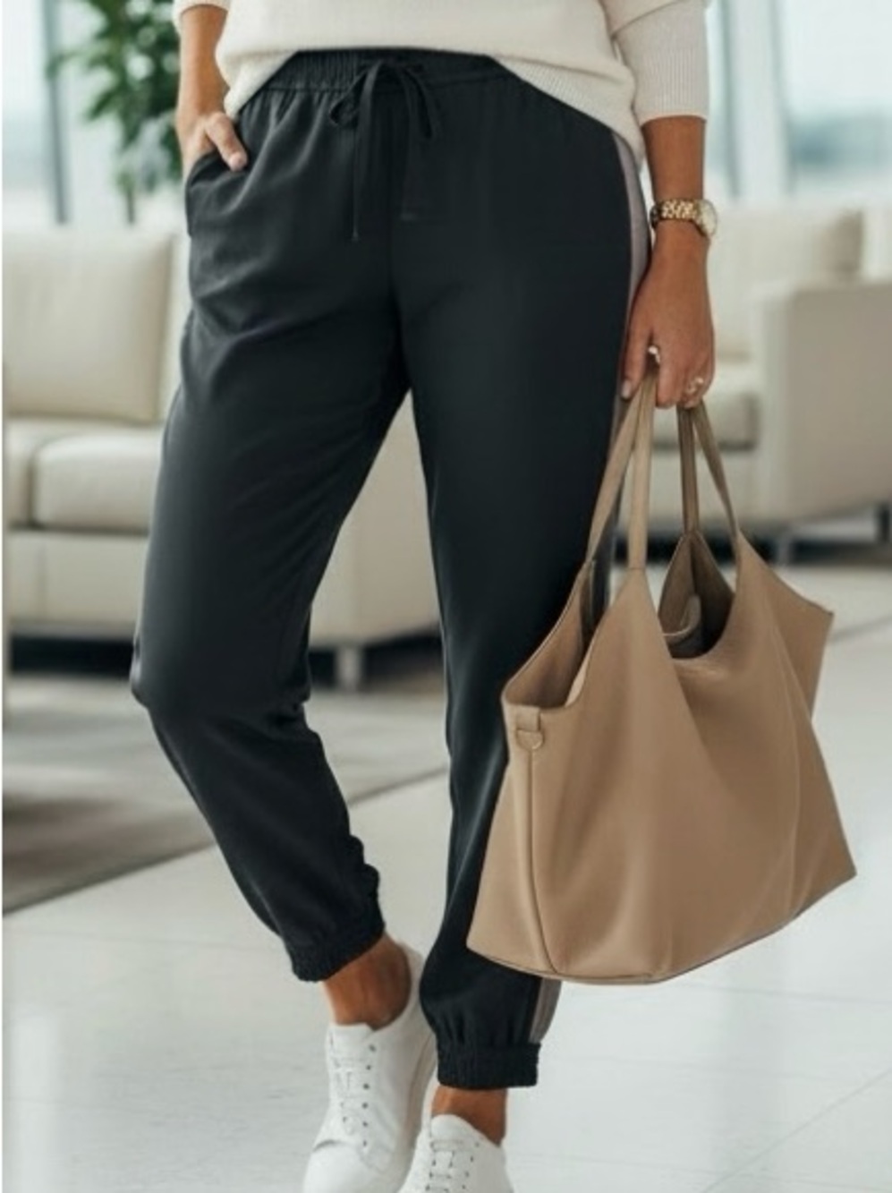Piazza Sempione Silk Trim Jogger Pants IT 42 Black Luxe Athleisure